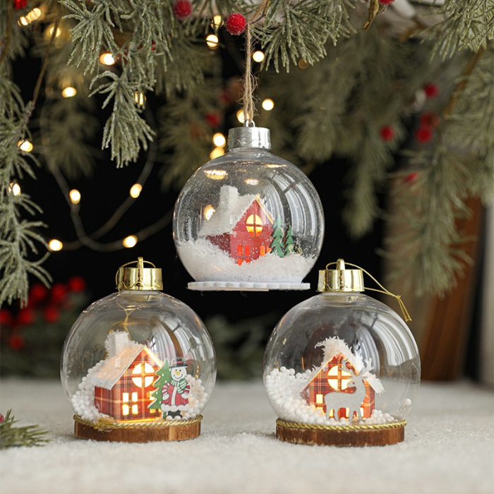 Glob pentru Bradul de Craciun LED, Flippy, Model A, Glob Transparent cu Figurina Casa si Braduti iluminat LED, Diametrul 10 cm, Baza Solida, Transparent [3]