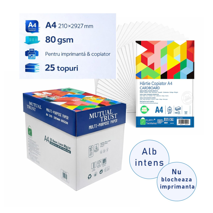 Hartie Copiator A4 Mutual Trust Cardboard, Flippy, 80 g/mp, 25 topuri x 100 coli/top (2500 coli), 210 x 297 mm, Hartie Multifunctionala pentru Printare, Copiere si Proiecte Creative [2]