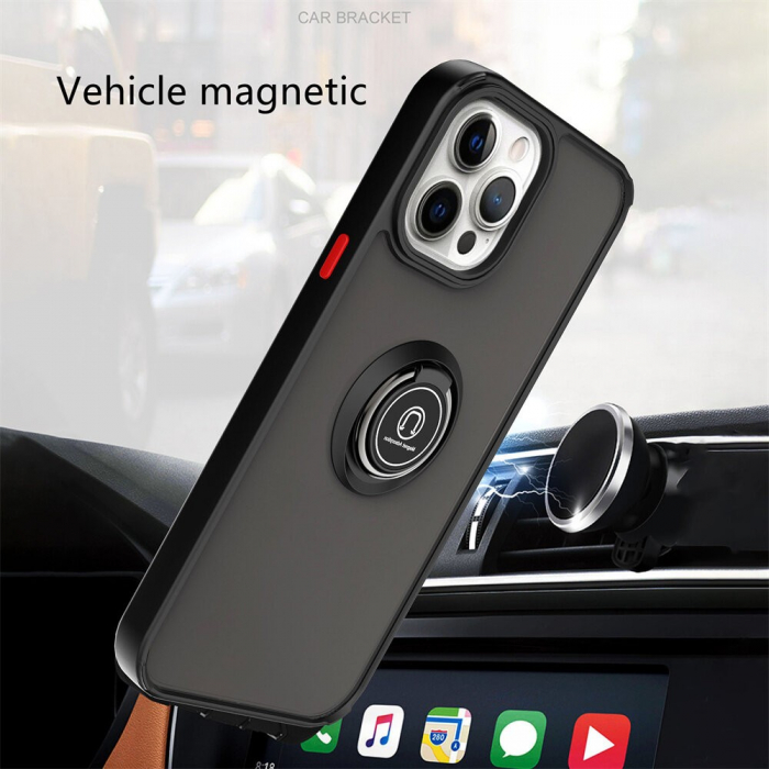 Husa Anti Fall Metal Bracket pentru Apple iPhone 11, Rezistenta la socuri, Margini colorate, Cu inel de prindere magnetic, Flippy, Negru [3]