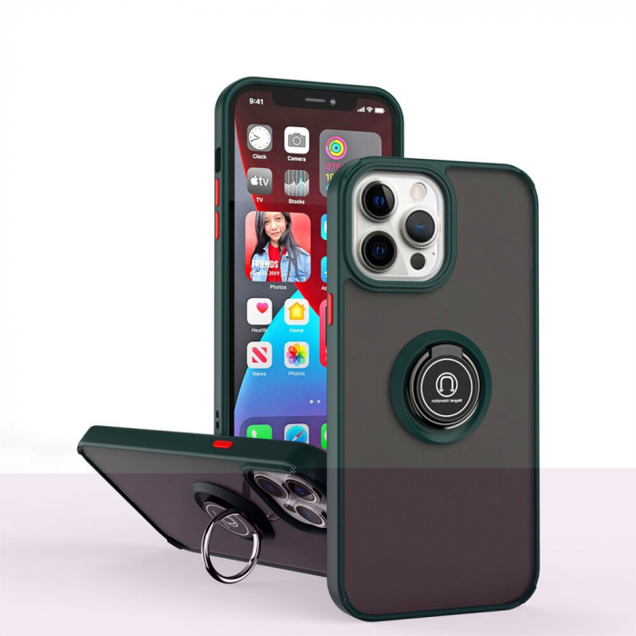 Husa Anti Fall Metal Bracket pentru Apple iPhone 11, Rezistenta la socuri, Margini colorate, Cu inel de prindere magnetic, Flippy, Verde [4]