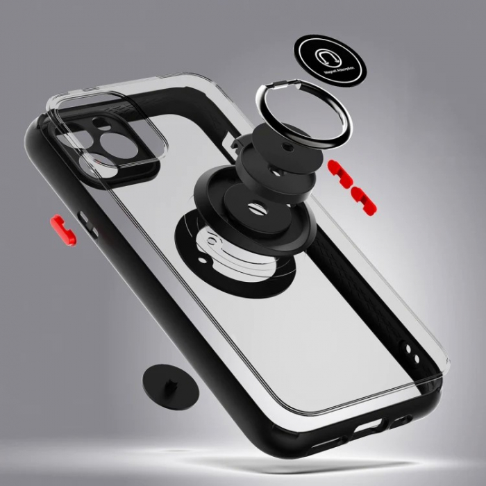 Husa Anti Fall Metal Bracket pentru Apple iPhone 14 Pro Max, Rezistenta la socuri, Margini colorate, Cu inel de prindere magnetic, Flippy, Negru [3]