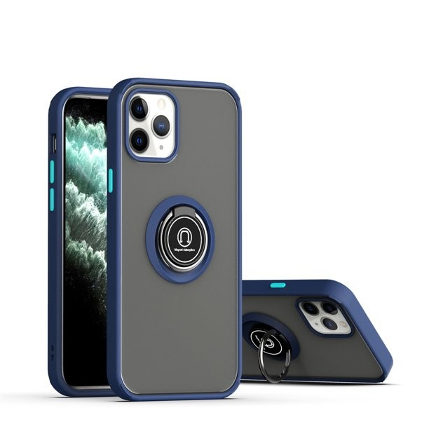 Husa Anti Fall Metal Bracket pentru Apple iPhone 14 Pro, Rezistenta la socuri, Margini colorate, Cu inel de prindere magnetic, Flippy, Albastru [2]