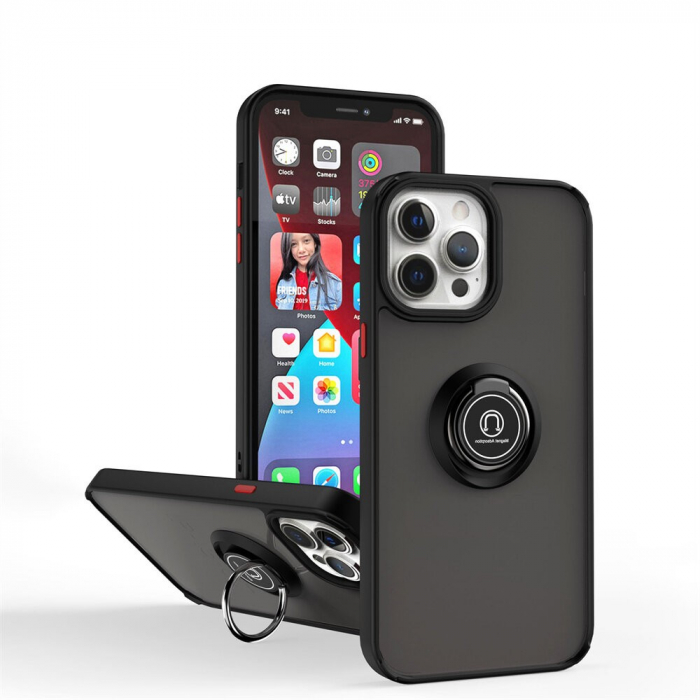 Husa Anti Fall Metal Bracket pentru Apple iPhone 14 Pro, Rezistenta la socuri, Margini colorate, Cu inel de prindere magnetic, Flippy, Negru [6]