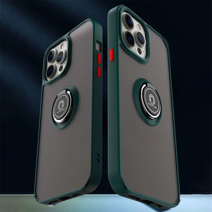 Husa Anti Fall Metal Bracket pentru Apple iPhone 14 Pro, Rezistenta la socuri, Margini colorate, Cu inel de prindere magnetic, Flippy, Verde [3]