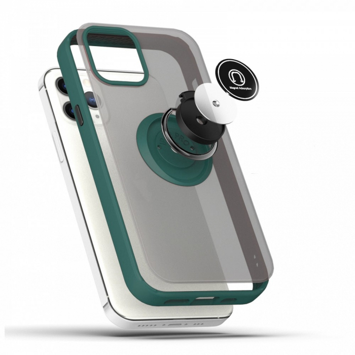 Husa Anti Fall Metal Bracket pentru Apple iPhone 14 Pro, Rezistenta la socuri, Margini colorate, Cu inel de prindere magnetic, Flippy, Verde [5]