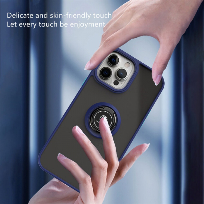 Husa Anti Fall Metal Bracket pentru Apple iPhone 14, Rezistenta la socuri, Margini colorate, Cu inel de prindere magnetic, Flippy, Albastru [4]