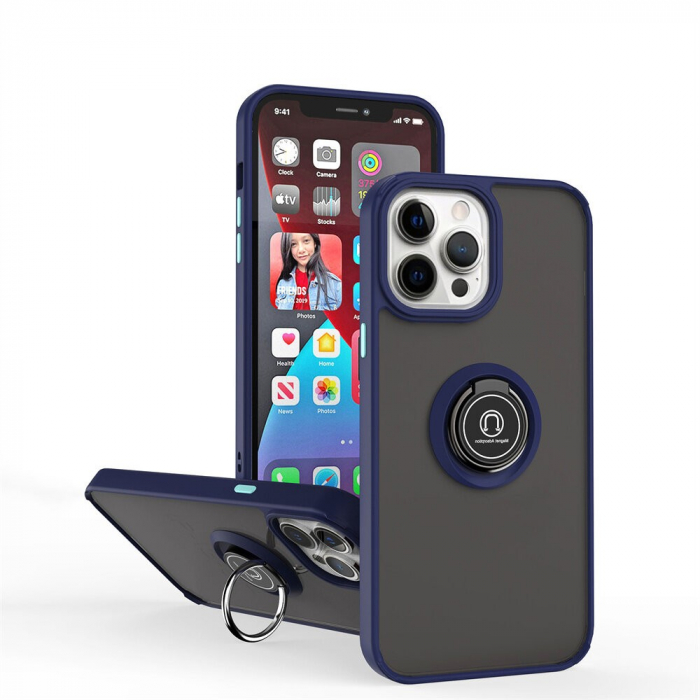 Husa Anti Fall Metal Bracket pentru Apple iPhone 14, Rezistenta la socuri, Margini colorate, Cu inel de prindere magnetic, Flippy, Albastru [3]