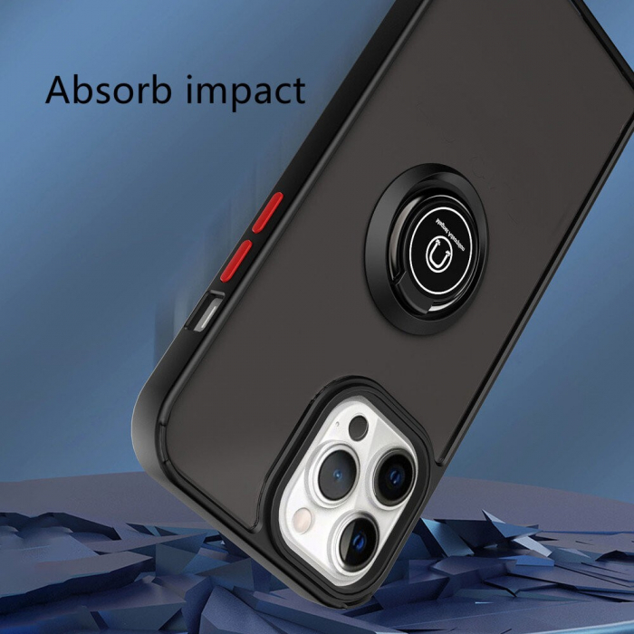 Husa Anti Fall Metal Bracket pentru Apple iPhone 14, Rezistenta la socuri, Margini colorate, Cu inel de prindere magnetic, Flippy, Negru [4]