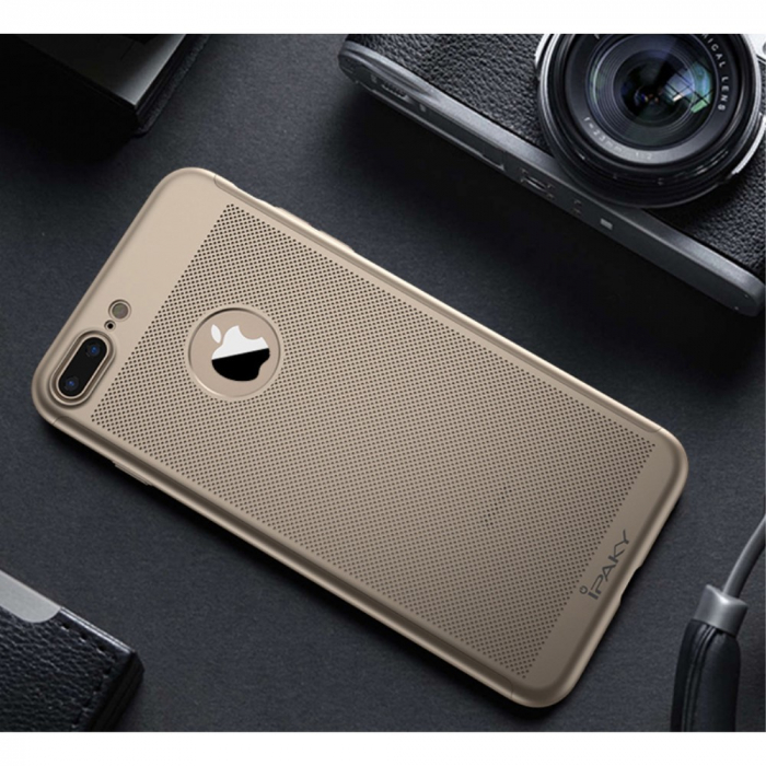 Husa Apple iPhone 7 Plus IPAKY Full Cover 360 Air cu Gauri Auriu + Folie Sticla [3]