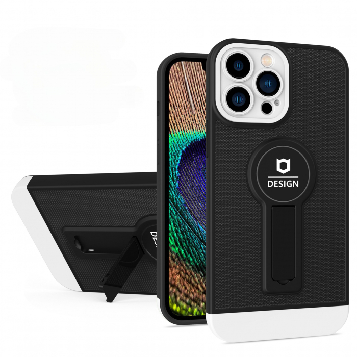 Husa Armor Design cu Stand pentru Apple iPhone 14 Plus (6.7) Negru/Alb, Suport Auto Magnetic, Protectie Antisoc, Flippy [2]