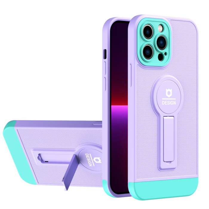 Husa Armor Design cu Stand pentru Apple iPhone 14 Pro (6.1) Mov/Albastru, Suport Auto Magnetic, Protectie Antisoc, Flippy [2]
