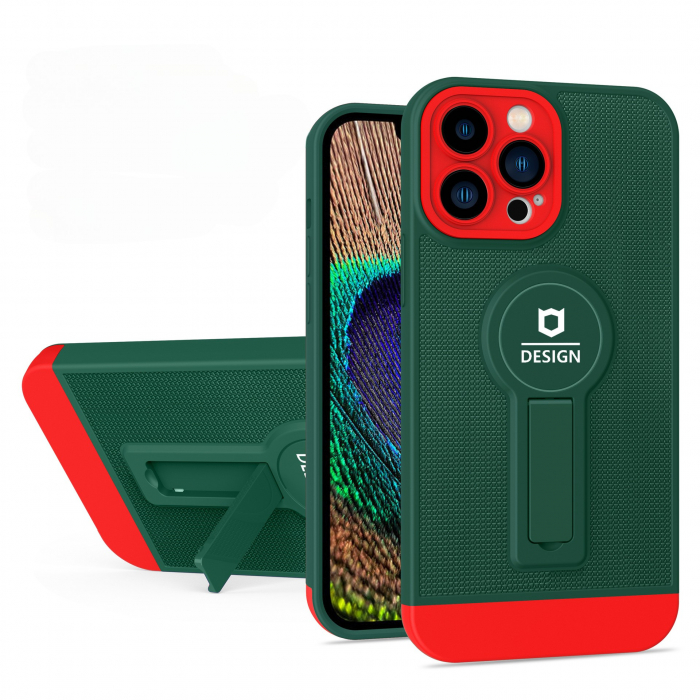 Husa Armor Design cu Stand pentru Apple iPhone 14 Pro (6.1) Verde/Rosu, Suport Auto Magnetic, Protectie Antisoc, Flippy [2]