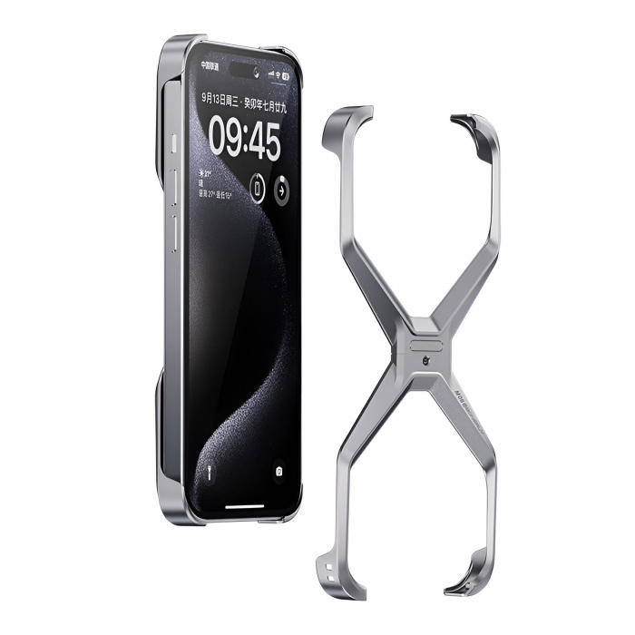 Husa Armor X Compatibila cu iPhone 15, Flippy, Aliaj de Aluminiu, Antisoc, Antizgarieturi, Impermeabila, Margini cu 2 Straturi, Aderent, Montare Usoara, Surubelnita Inclusa, Gri Metalizat [1]