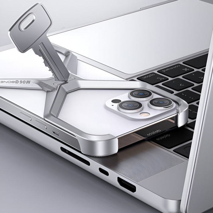 Husa Armor X Compatibila cu iPhone 15 Pro, Flippy, Aliaj de Aluminiu, Antisoc, Antizgarieturi, Impermeabila, Margini cu 2 Straturi, Aderent, Montare Usoara, Surubelnita Inclusa, Gri Metalizat [9]