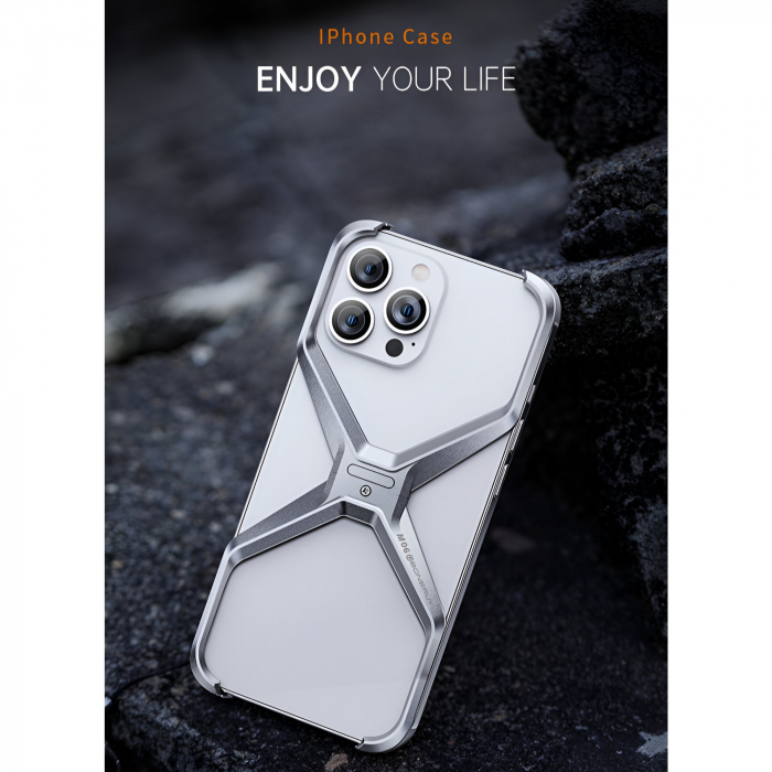 Husa Armor X Compatibila cu iPhone 15 Pro, Flippy, Aliaj de Aluminiu, Antisoc, Antizgarieturi, Impermeabila, Margini cu 2 Straturi, Aderent, Montare Usoara, Surubelnita Inclusa, Gri Metalizat [8]
