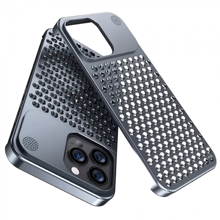 Husa Aromaterapia Compatibila cu iPhone 15 Pro, Flippy, Antisoc, Antizgariere, Protectie Camera si Supraincalzire, din Aliaj de Aluminiu, Gri [2]