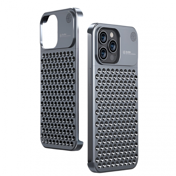 Husa Aromaterapia Compatibila cu iPhone 15 Pro, Flippy, Antisoc, Antizgariere, Protectie Camera si Supraincalzire, din Aliaj de Aluminiu, Gri [1]