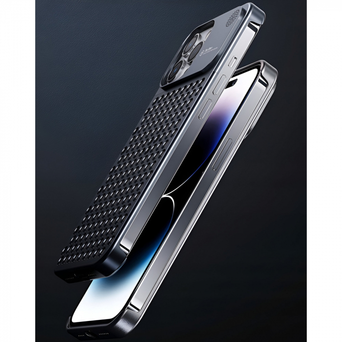 Husa Aromaterapia Compatibila cu iPhone 15 Pro, Flippy, Antisoc, Antizgariere, Protectie Camera si Supraincalzire, din Aliaj de Aluminiu, Gri [4]