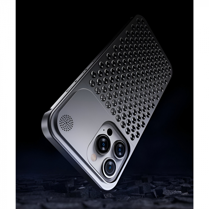 Husa Aromaterapia Compatibila cu iPhone 15 Pro, Flippy, Antisoc, Antizgariere, Protectie Camera si Supraincalzire, din Aliaj de Aluminiu, Gri [5]