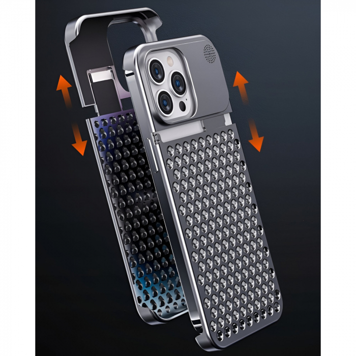 Husa Aromaterapia Compatibila cu iPhone 15 Pro Max, Flippy, Antisoc, Antizgariere, Protectie Camera si Supraincalzire, din Aliaj de Aluminiu, Argintiu [12]