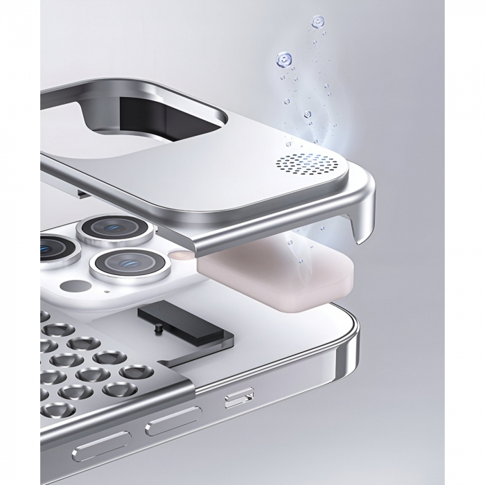 Husa Aromaterapia Compatibila cu iPhone 15 Pro Max, Flippy, Antisoc, Antizgariere, Protectie Camera si Supraincalzire, din Aliaj de Aluminiu, Argintiu [7]