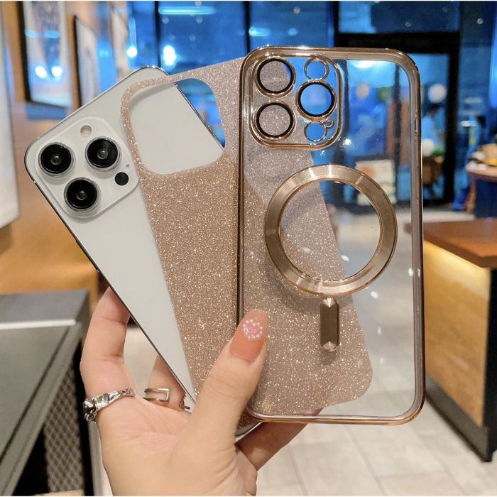 Husa de Protectie 2 in 1, Flippy, pentru iPhone 15, Glitter Chrome Magsafe, din TPU, Magnetica, cu Protectie Lentila, Auriu [2]