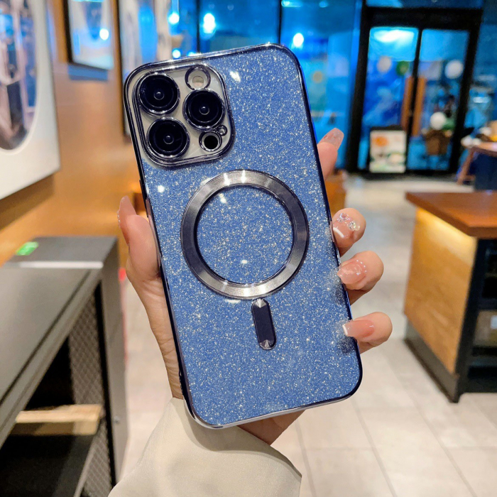 Husa de Protectie 2 in 1, Flippy, pentru iPhone 15 Plus, Glitter Chrome Magsafe, din TPU, Magnetica, cu Protectie Lentila, Albastru Marin [1]