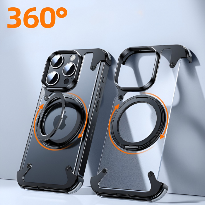 Husa de Protectie Compatibil cu iPhone 15 Pro, Flippy, Incarcare Wireless, Tehnologie Magsafe, Inel Magnetic Rotativ 360 cu Functie de Suport, Rama Metalica, Carcasa din PC, Negru Transparent [5]