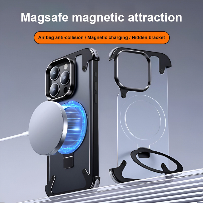 Husa de Protectie Compatibil cu iPhone 15 Pro, Flippy, Incarcare Wireless, Tehnologie Magsafe, Inel Magnetic Rotativ 360 cu Functie de Suport, Rama Metalica, Carcasa din Piele, Negru [5]