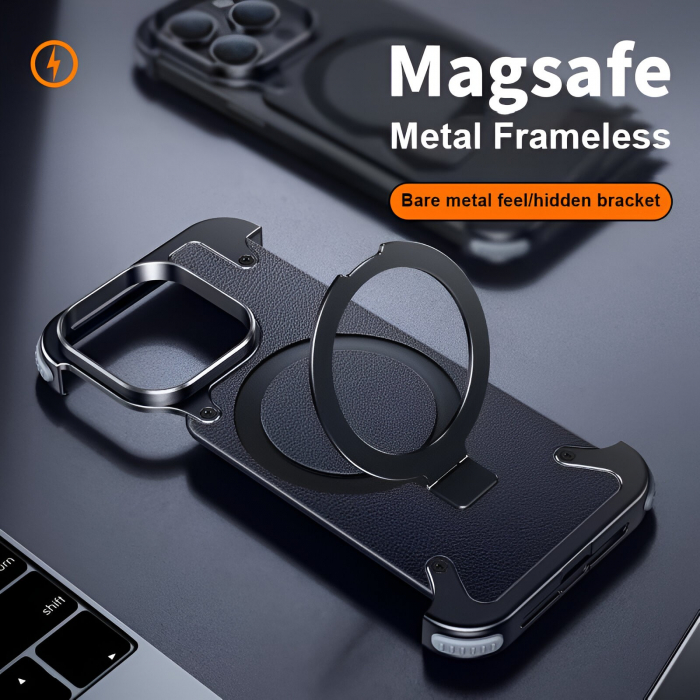Husa de Protectie Compatibil cu iPhone 15 Pro Max, Flippy, Incarcare Wireless, Tehnologie Magsafe, Inel Magnetic Rotativ 360 cu Functie de Suport, Rama Metalica, Carcasa din Piele, Negru [4]