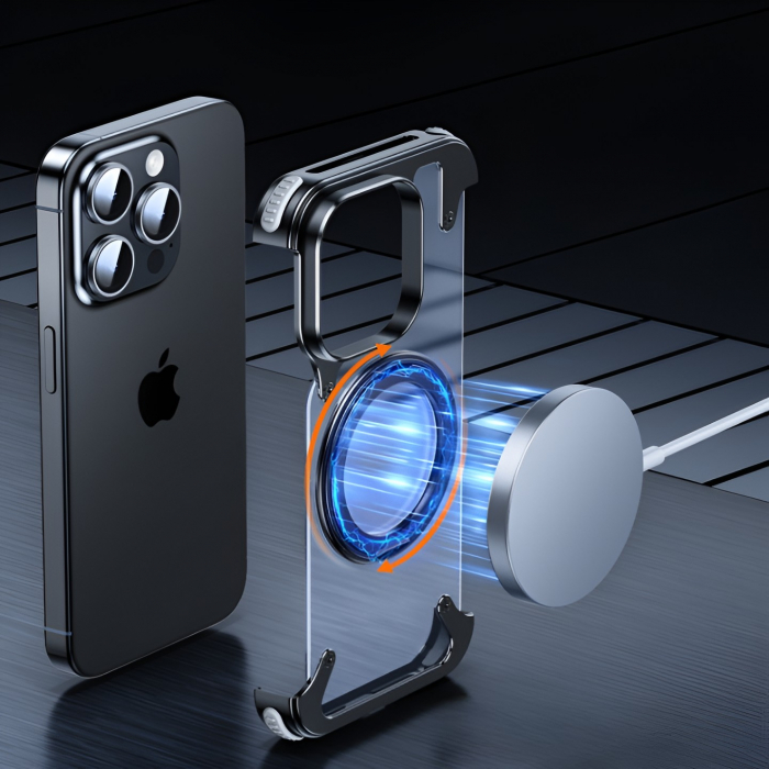 Husa de Protectie Compatibil cu iPhone 15 Pro Max, Flippy, Incarcare Wireless, Tehnologie Magsafe, Inel Magnetic Rotativ 360 cu Functie de Suport, Rama Metalica, Carcasa din PC, Negru Transparent [4]