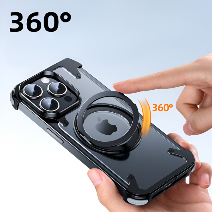 Husa de Protectie Compatibil cu iPhone 15 Pro Max, Flippy, Incarcare Wireless, Tehnologie Magsafe, Inel Magnetic Rotativ 360 cu Functie de Suport, Rama Metalica, Carcasa din PC, Negru Transparent [6]