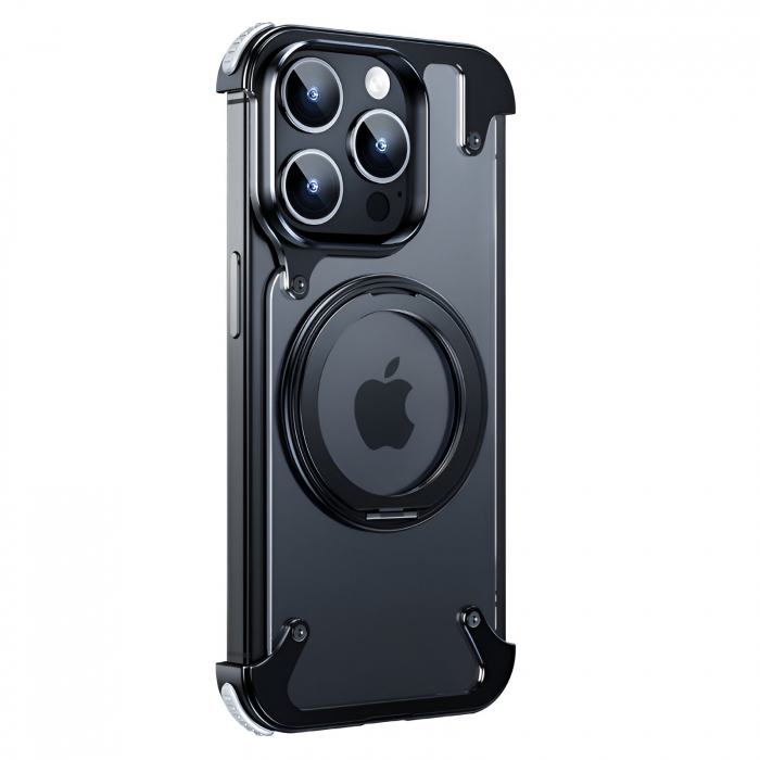 Husa de Protectie Compatibil cu iPhone 15 Pro Max, Flippy, Incarcare Wireless, Tehnologie Magsafe, Inel Magnetic Rotativ 360 cu Functie de Suport, Rama Metalica, Carcasa din PC, Negru Transparent [1]