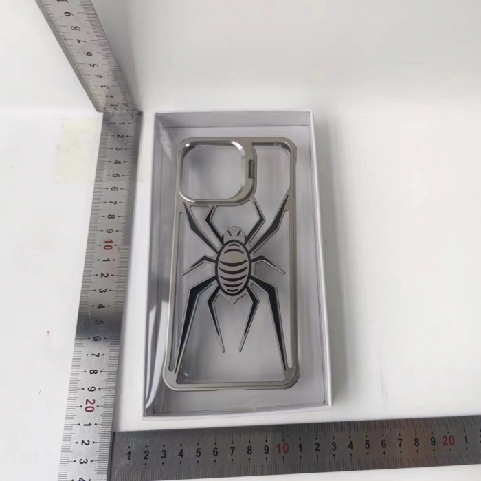 Husa de Protectie Compatibila iPhone 15 Pro, cu Suport Metalic pentru Camera, Armor Protective Series, Flippy, Antisoc, Protectie de Metal pe Margini, Model Paianjen, Negru Gri [4]