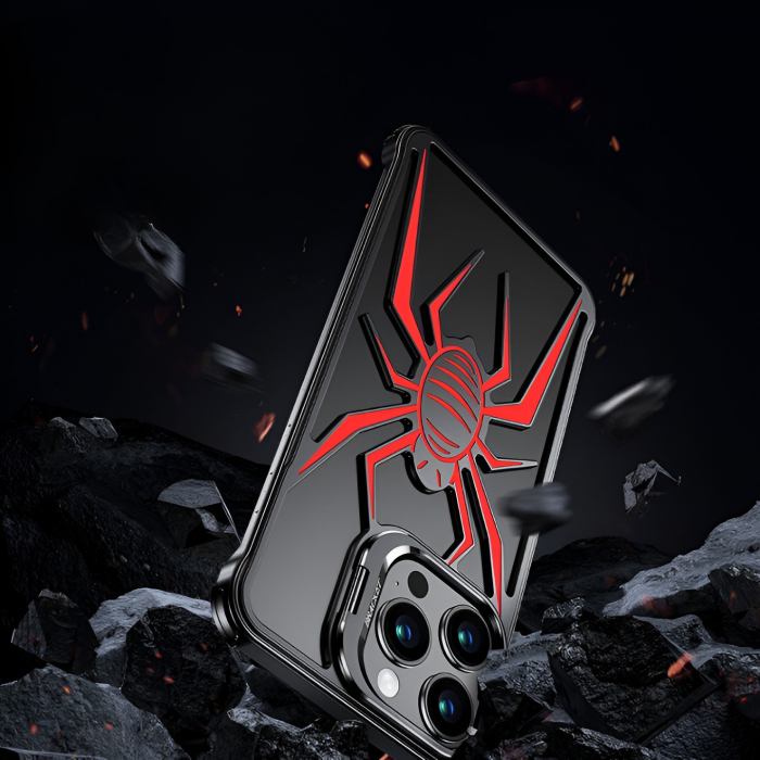 Husa de Protectie Compatibila iPhone 15 Pro, cu Suport Metalic pentru Camera, Armor Protective Series, Flippy, Antisoc, Protectie de Metal pe Margini, Model Paianjen, Negru Rosu [7]