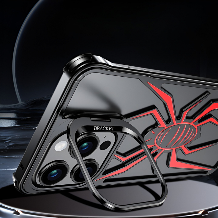 Husa de Protectie Compatibila iPhone 15 Pro, cu Suport Metalic pentru Camera, Armor Protective Series, Flippy, Antisoc, Protectie de Metal pe Margini, Model Paianjen, Negru Rosu [8]