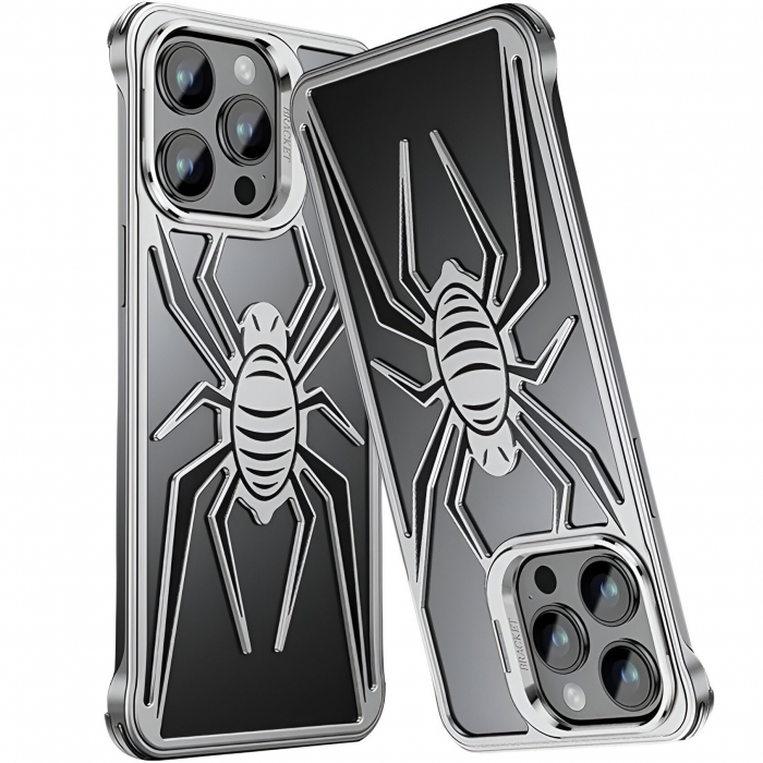 Husa de Protectie Compatibila iPhone 15 Pro Max, cu Suport Metalic pentru Camera, Armor Protective Series, Flippy, Antisoc, Protectie de Metal pe Margini, Model Paianjen, Negru Gri [3]