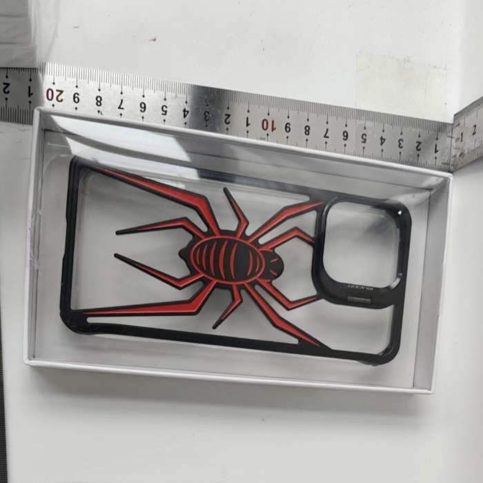 Husa de Protectie Compatibila iPhone 15 Pro Max, cu Suport Metalic pentru Camera, Armor Protective Series, Flippy, Antisoc, Protectie de Metal pe Margini, Model Paianjen, Negru Rosu [12]