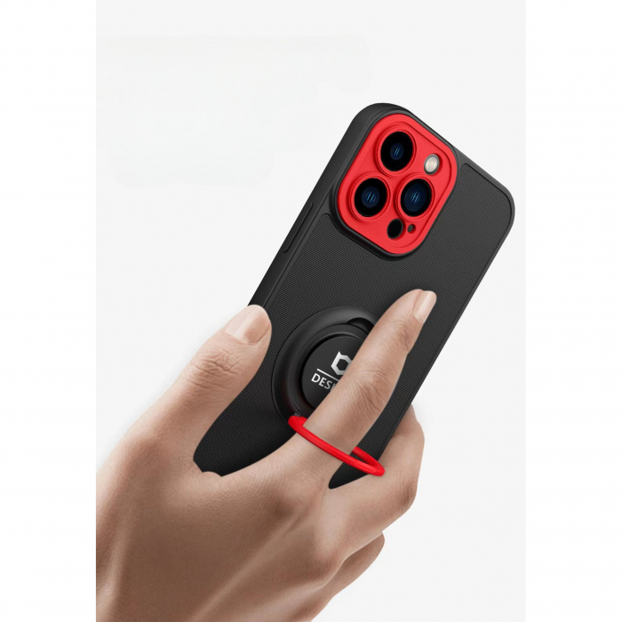 Husa de protectie Eagle eye pentru Apple iPhone 12, Rezistenta la socuri, Protectie camera, Cu inel de prindere magnetic rosu, Flippy, Negru [2]