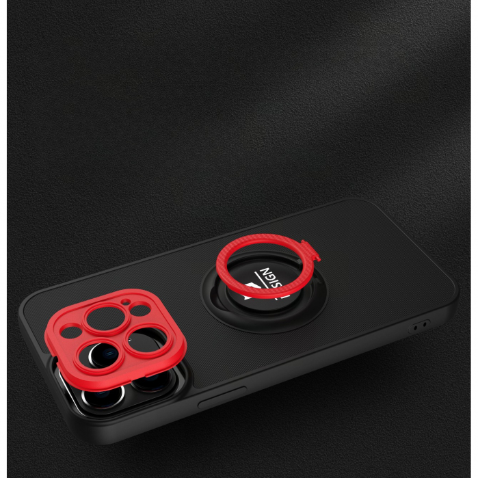 Husa de protectie Eagle eye pentru Apple iPhone 12, Rezistenta la socuri, Protectie camera, Cu inel de prindere magnetic rosu, Flippy, Negru [3]