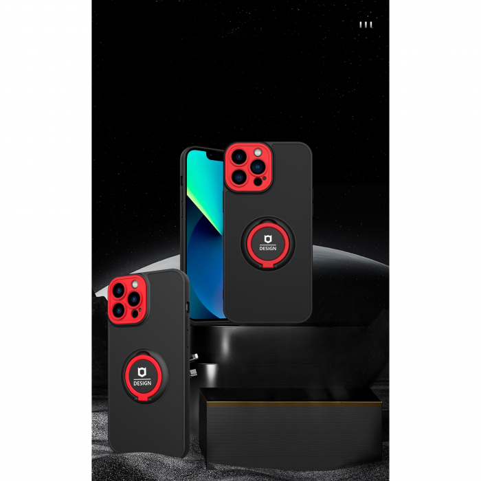 Husa de protectie Eagle eye pentru Apple iPhone 13, Rezistenta la socuri, Protectie camera, Cu inel de prindere magnetic rosu, Flippy, Negru [4]