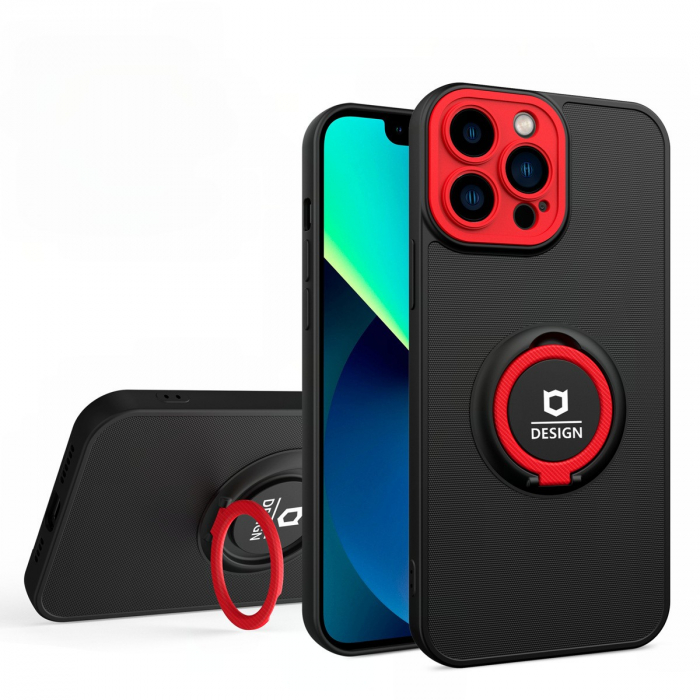 Husa de protectie Eagle eye pentru Apple iPhone 13, Rezistenta la socuri, Protectie camera, Cu inel de prindere magnetic rosu, Flippy, Negru [1]