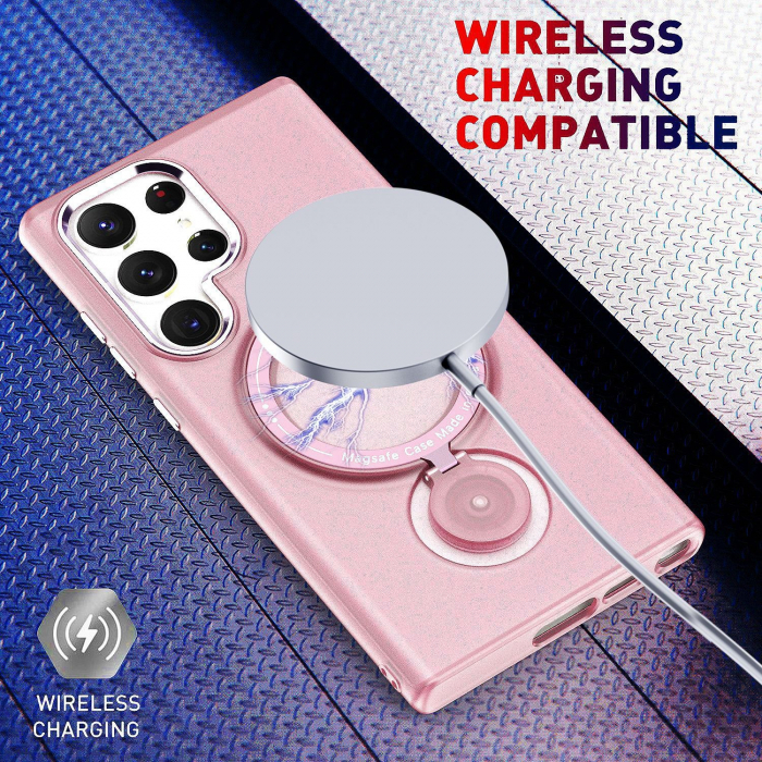 Husa de protectie Flippy, cu incarcare Wireless, Tehnologie Magsafe, TPU, Inel magnetic rotativ cu functie de suport, pentru Samsung Galaxy S23 , Rose Gold [3]