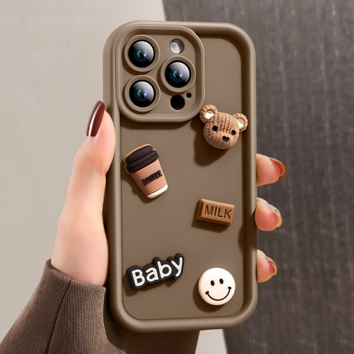 Husa de Protectie, Flippy, pentru Apple iPhone 13 Pro Max, Model Ursuleti 3D, Antisoc, Rezistenta la Impact, Protectie Camera, Maro [1]