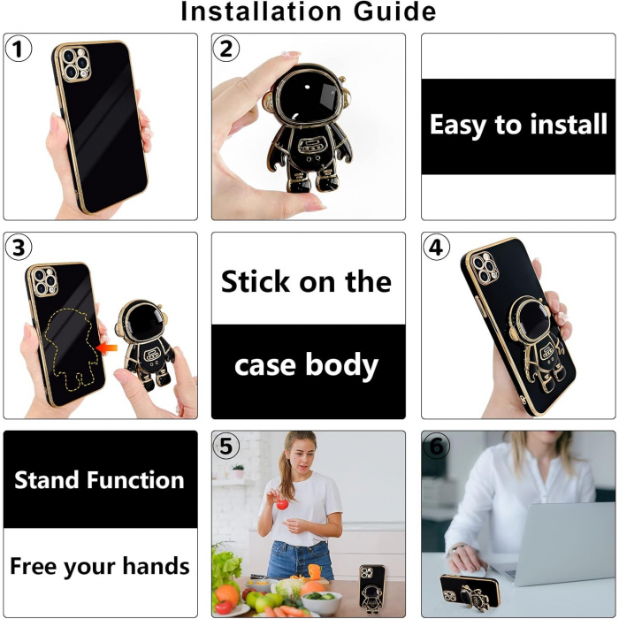 Husa de Protectie TPU 2in1, Flippy, pentru Apple iPhone 15 Pro Max, Astronaut cu Suport, Antisoc, Rezistenta la Impact, Protectie Camera, Negru [4]