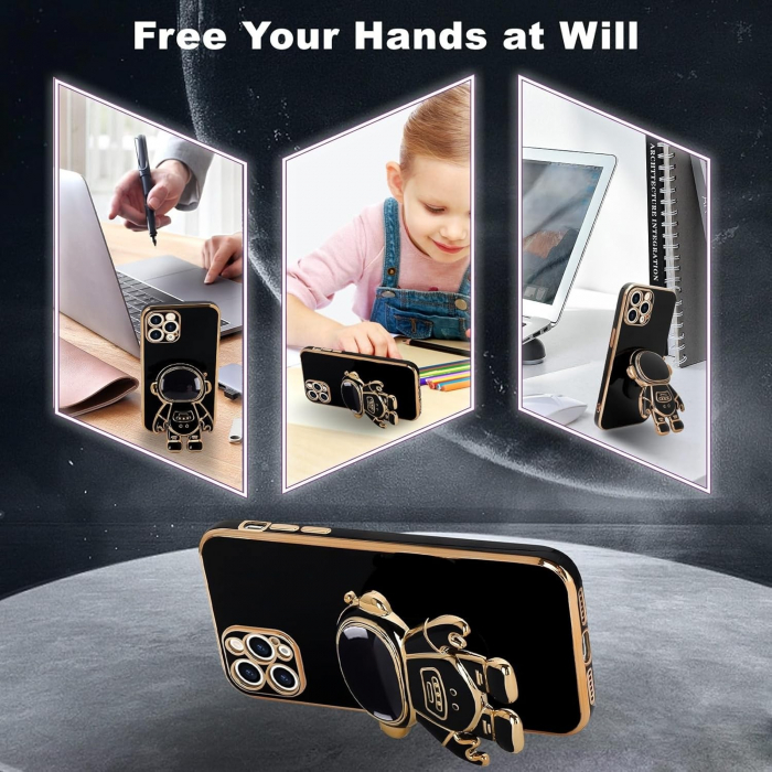 Husa de Protectie TPU 2in1, Flippy, pentru Apple iPhone 15 Pro Max, Astronaut cu Suport, Antisoc, Rezistenta la Impact, Protectie Camera, Negru [5]