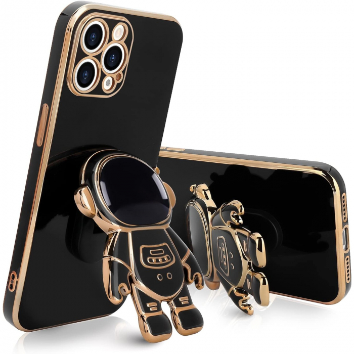Husa de Protectie TPU 2in1, Flippy, pentru Apple iPhone 15 Pro Max, Astronaut cu Suport, Antisoc, Rezistenta la Impact, Protectie Camera, Negru [1]