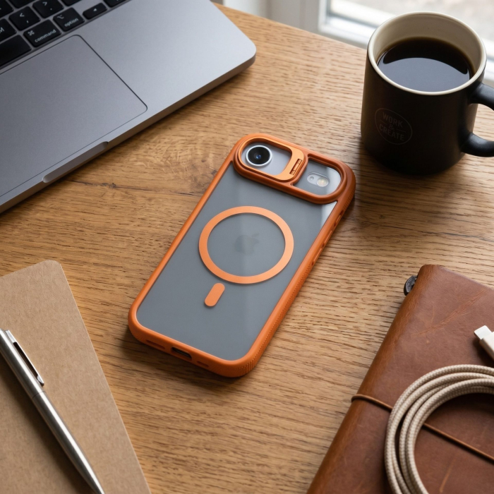 Husa de Protectie Telefon, Flippy, Compatibila cu iPhone 17 Air, MagSafe, Acrylic, Suport Metalic Protectie Camera, Anti-Soc, Portocaliu [2]