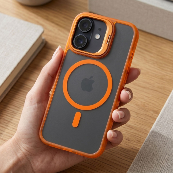 Husa de Protectie Telefon, Flippy, Compatibila cu iPhone 17, MagSafe, Acrylic, Suport Metalic Protectie Camera, Anti-Soc, Portocaliu [4]