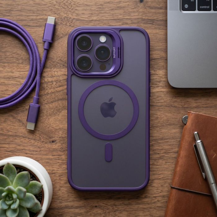 Husa de Protectie Telefon, Flippy, Compatibila cu iPhone 17 Pro Max, MagSafe, Acrylic, Suport Metalic Protectie Camera, Anti-Soc, Mov/Inchis [4]